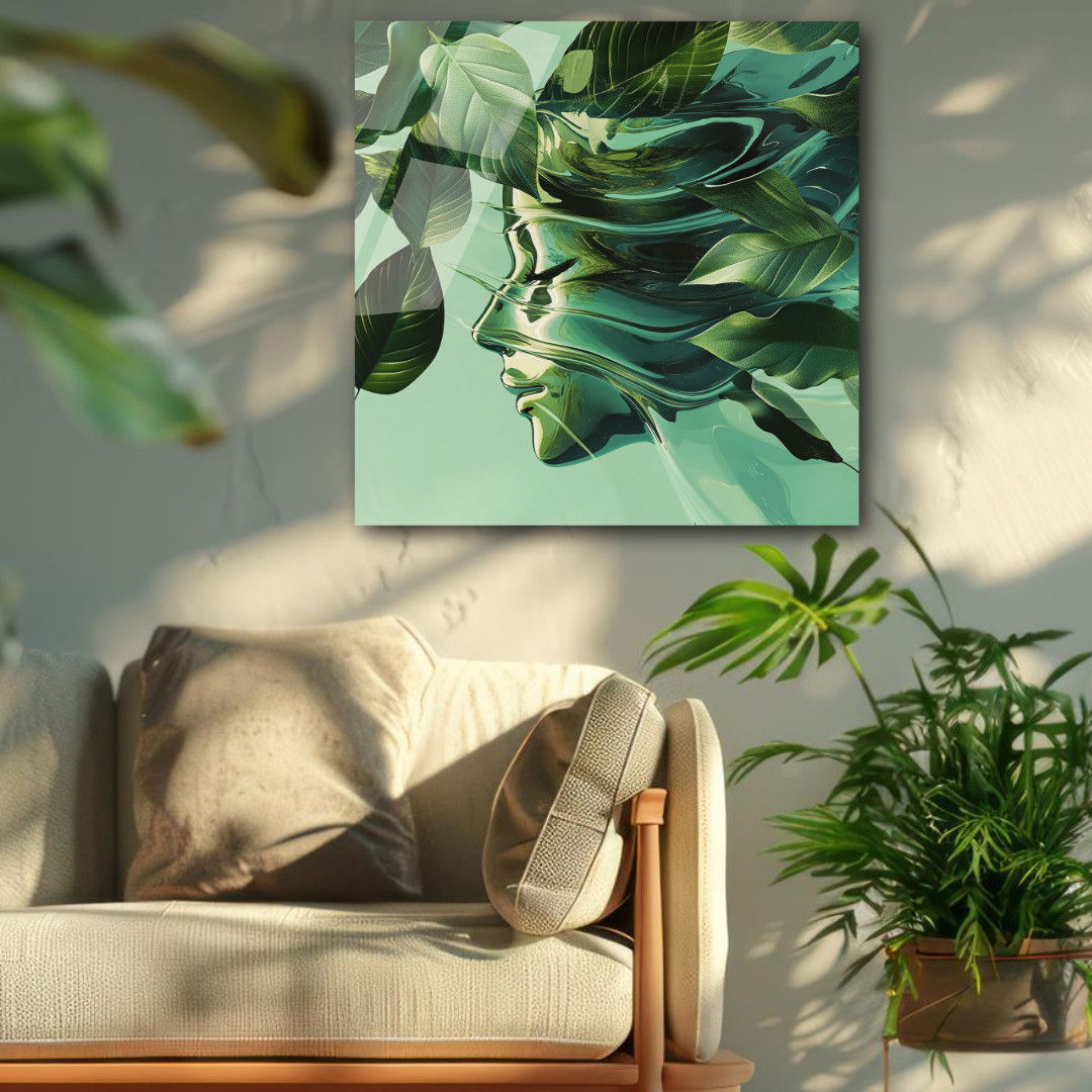 3D Painting Green Face&Leaf Art UV Printed Acrylic Glass Modern Wall Decor