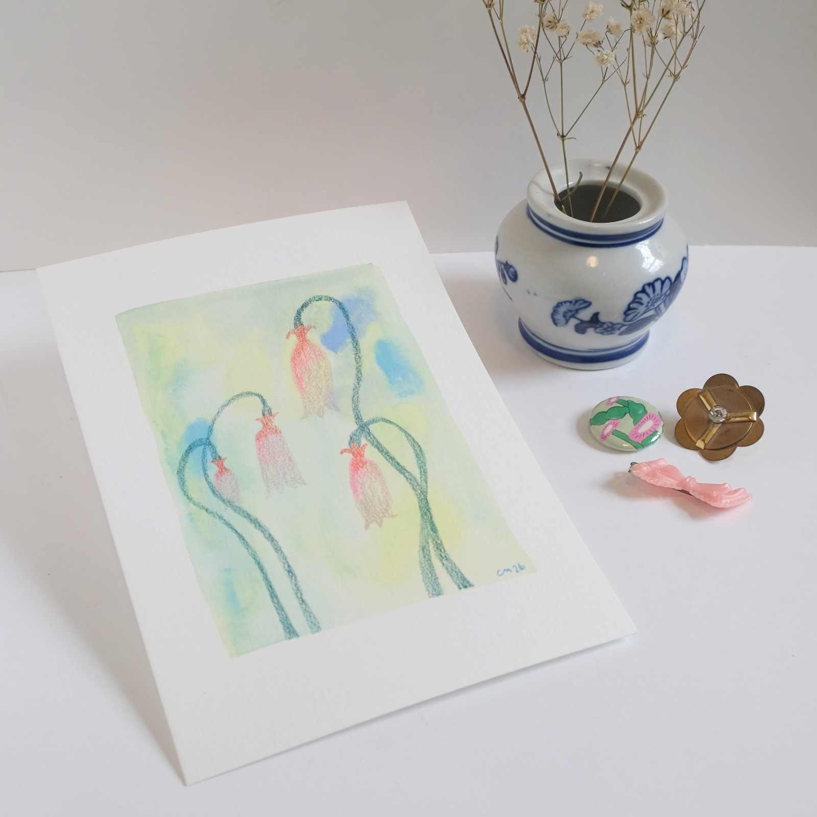 Orange Snowdrop Gouache Mystery Wildflower Painting 100% Cotton Paper 5″ x 7″