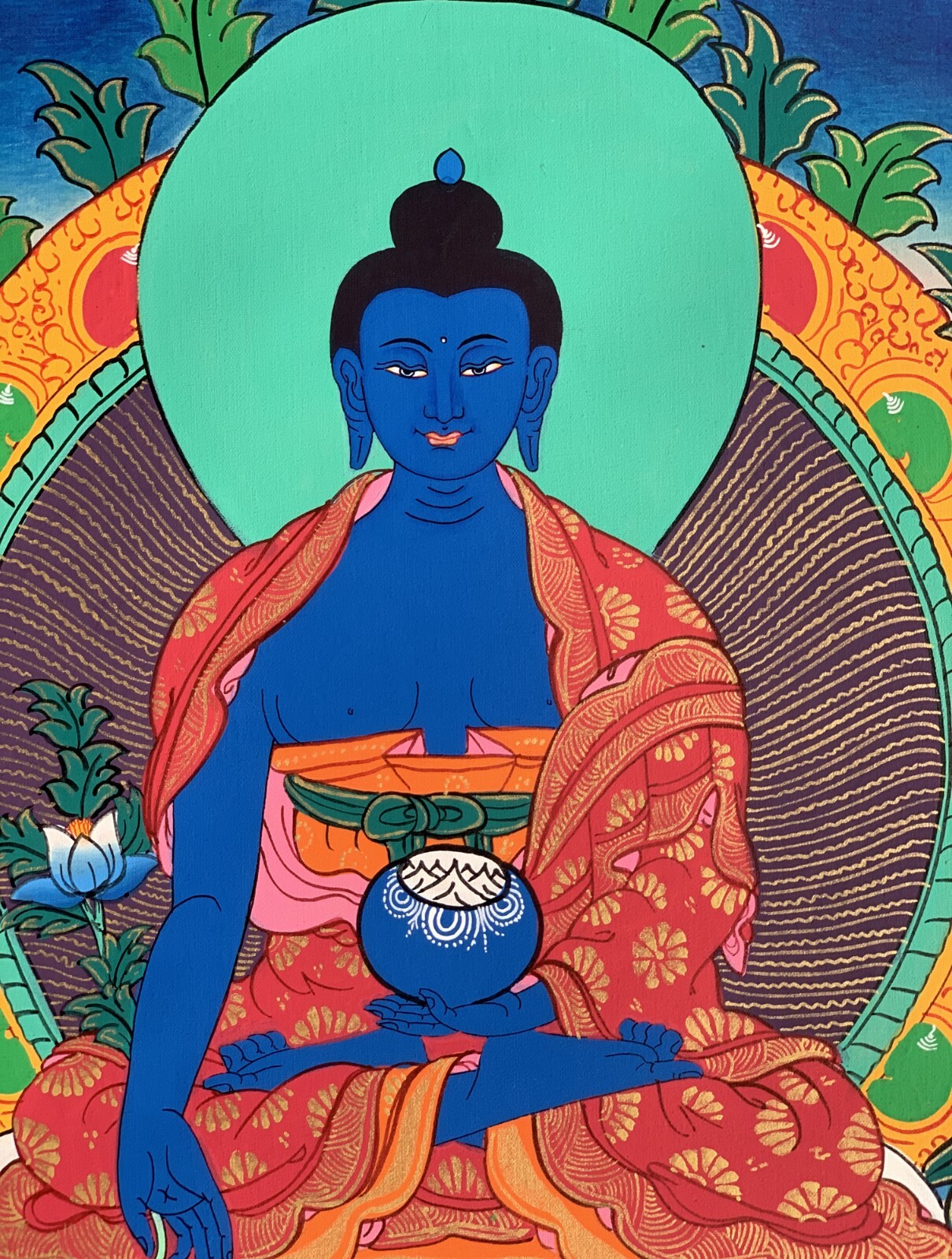 ORIGINAL HAND-PAINTED MEDICINE BUDDHA/ BHAISAJYAGURU TIBETAN THANGKA PAINTING