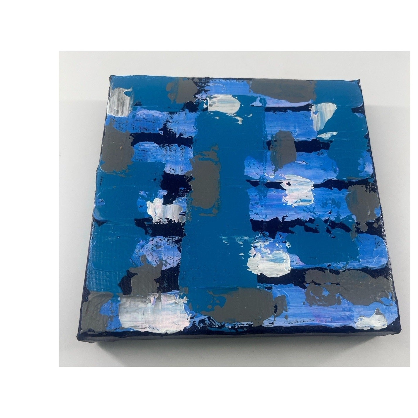 Hand-Painted Acrylic Canvas Abstract Blue Gray 7.5x8x1.5 Modern Artwork Art