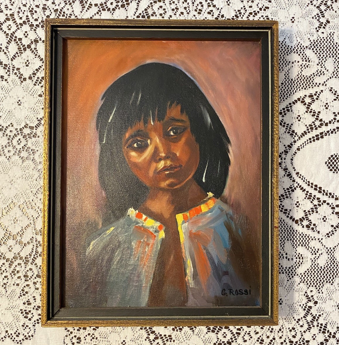 Vintage Oil On Canvas Painting Girl Child Portrait South American Native Signed