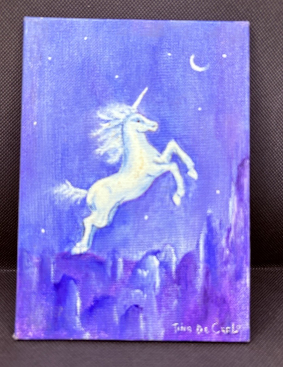 Original Artist Signed Painting Unicorn Acrylic On Canvas Board 5×7