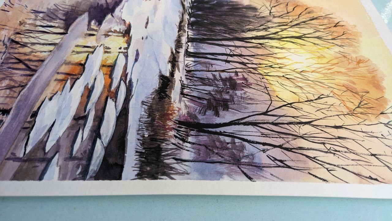 Winter Sunset Landscape Watercolor Painting Snowy Lake Ice Piver Original Art A4