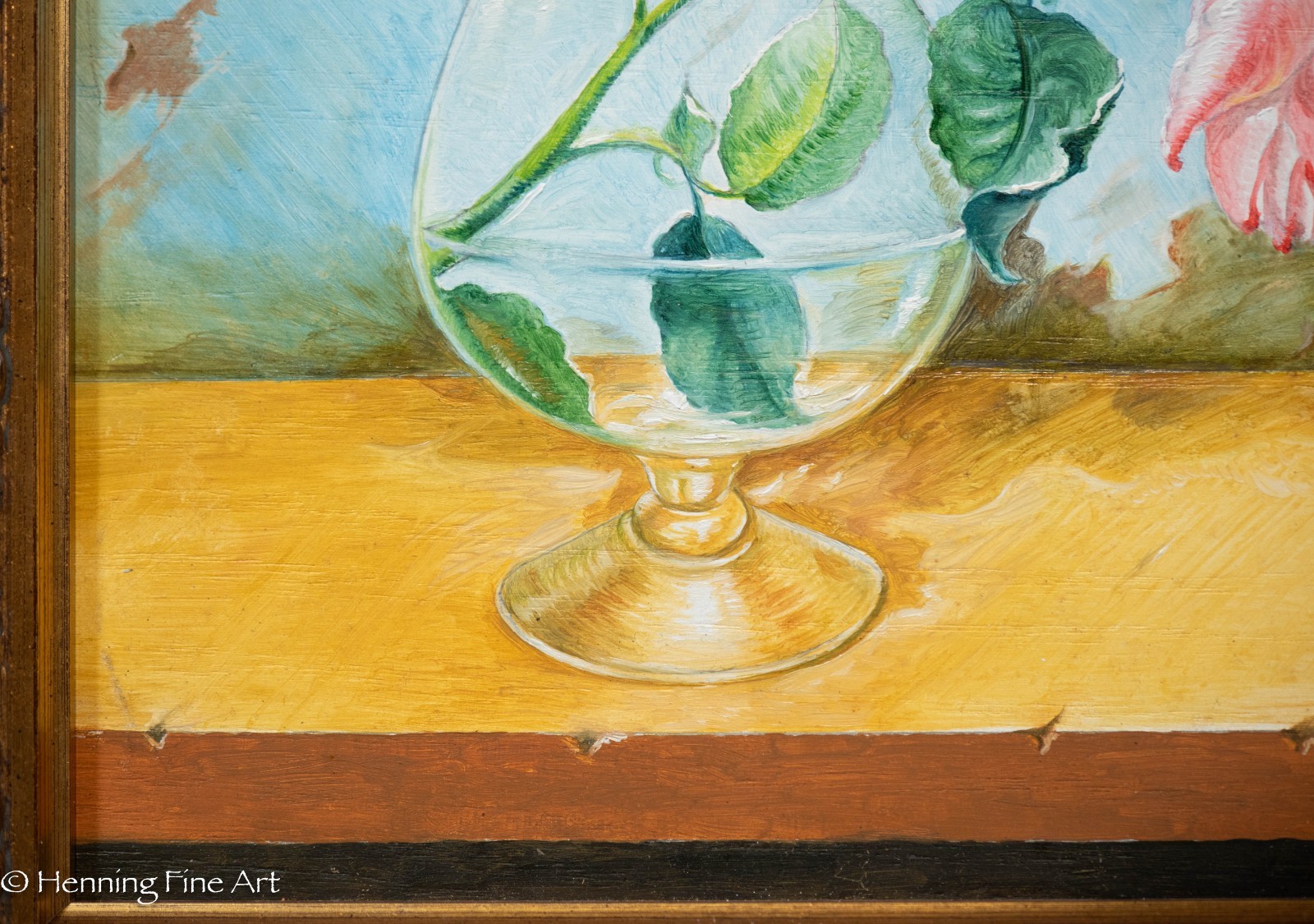 Stunning Oil Painting of Pink Rose in Glass Illegibly Signed, Fine! 16×18″