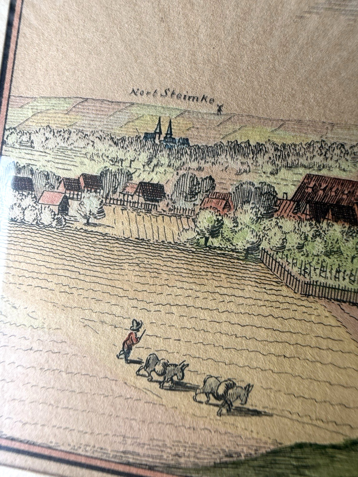 Antique Hand Colored Engraving Wolfsburg Germany Windmill Cityscape 1700s Framed