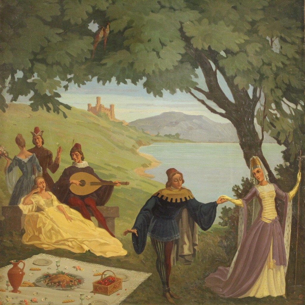 Dated painting framework landscape oil on masonite characters antique style 900
