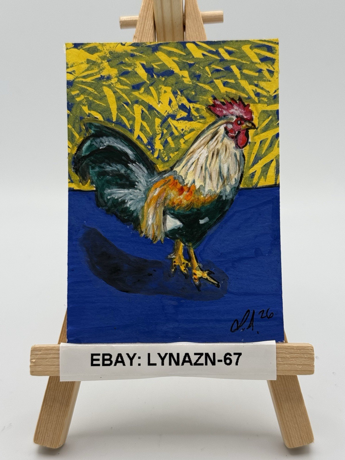 ACEO Original Painting Chicken 2.5×3.5 In Art Card Lynazn-67 Signed