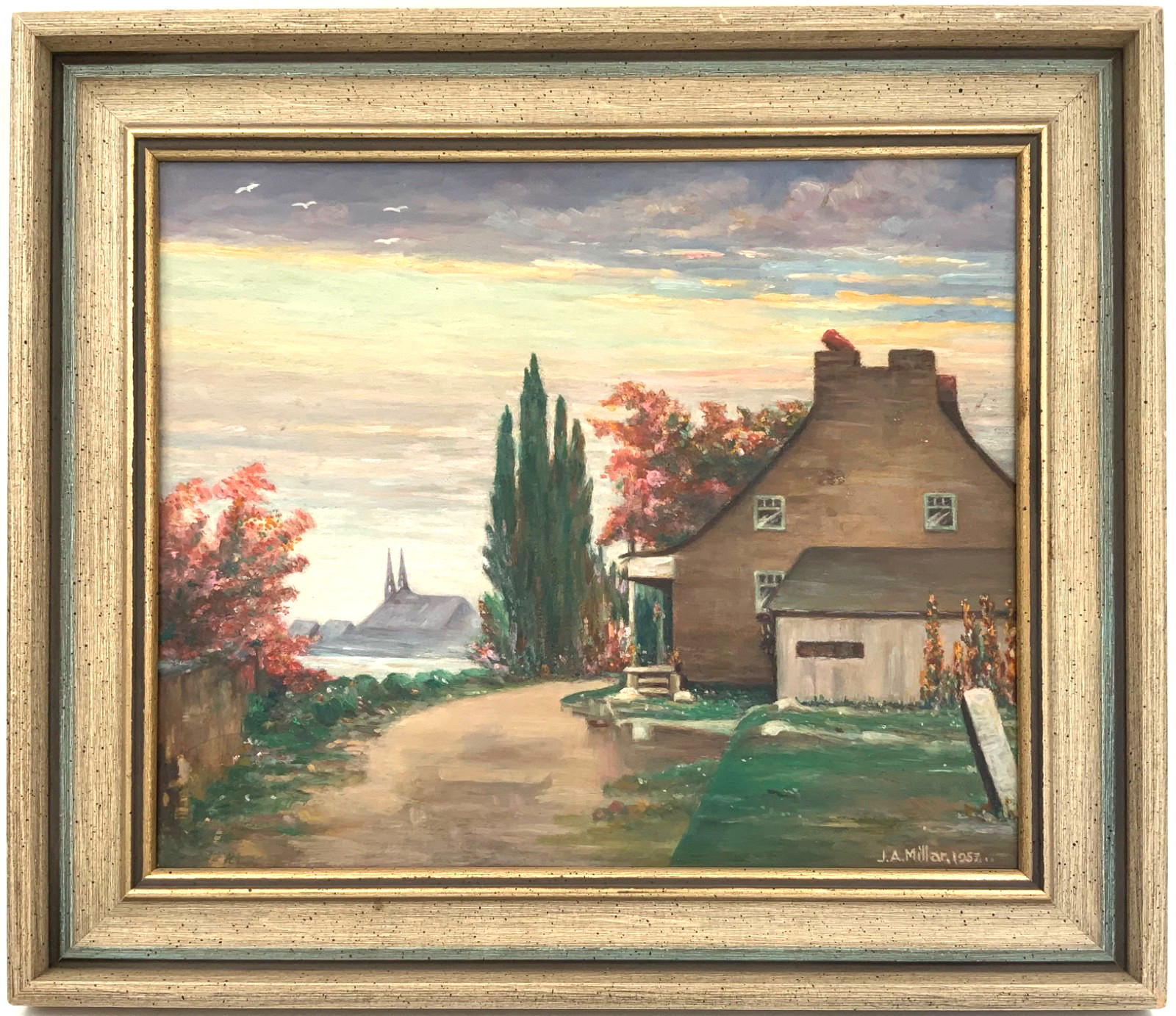 Vintage 1957 Landscape Oil Painting, Signed & Framed 15″ by 13″