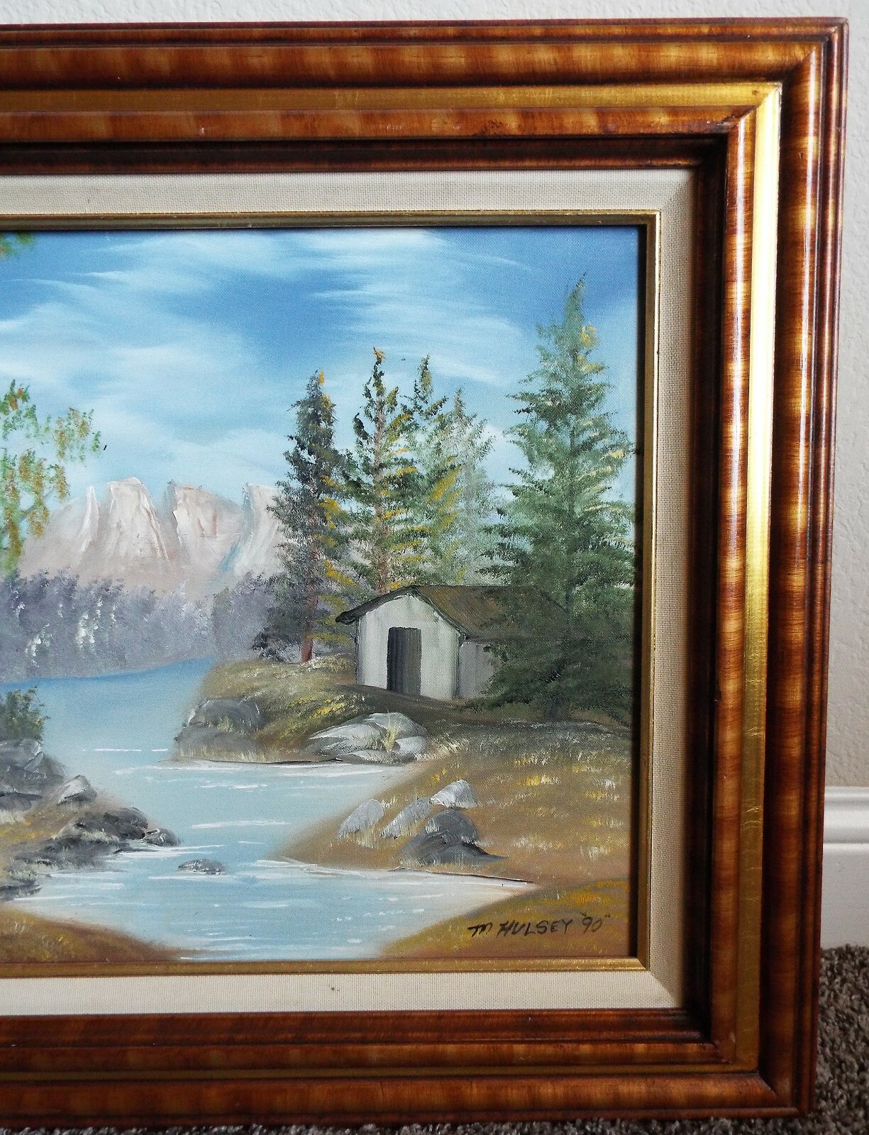 VTG M HULSEY CABIN ORIGINAL OIL LANDSCAPE PAINTING ON CANVAS LINEN MAT FRAMED