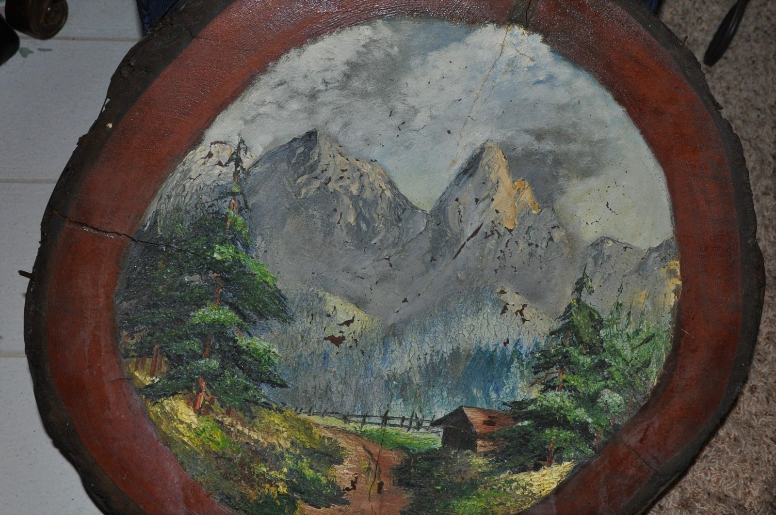 Americana .. Mountain scene Painted on rustic Log slice Oil Paint