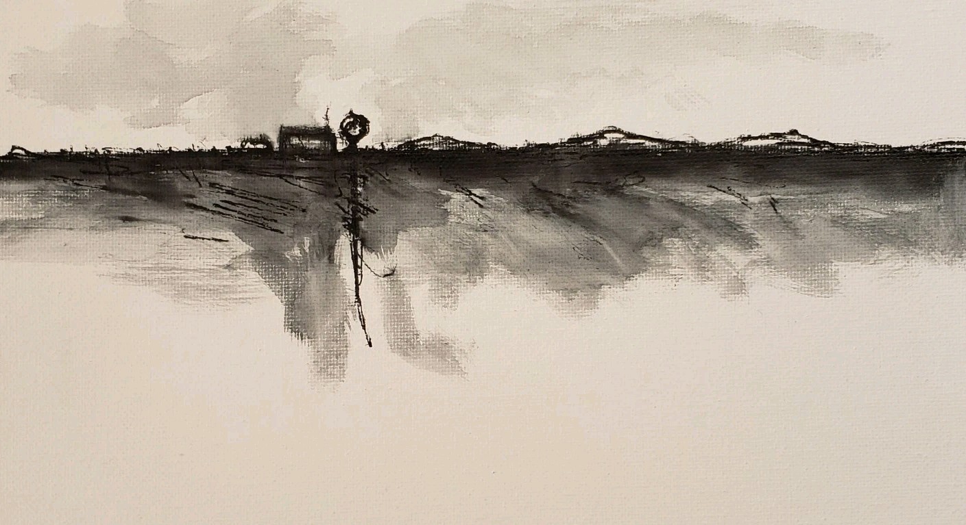 No.679 Original Abstract Minimal Landscape Ink Painting By K.A.Davis