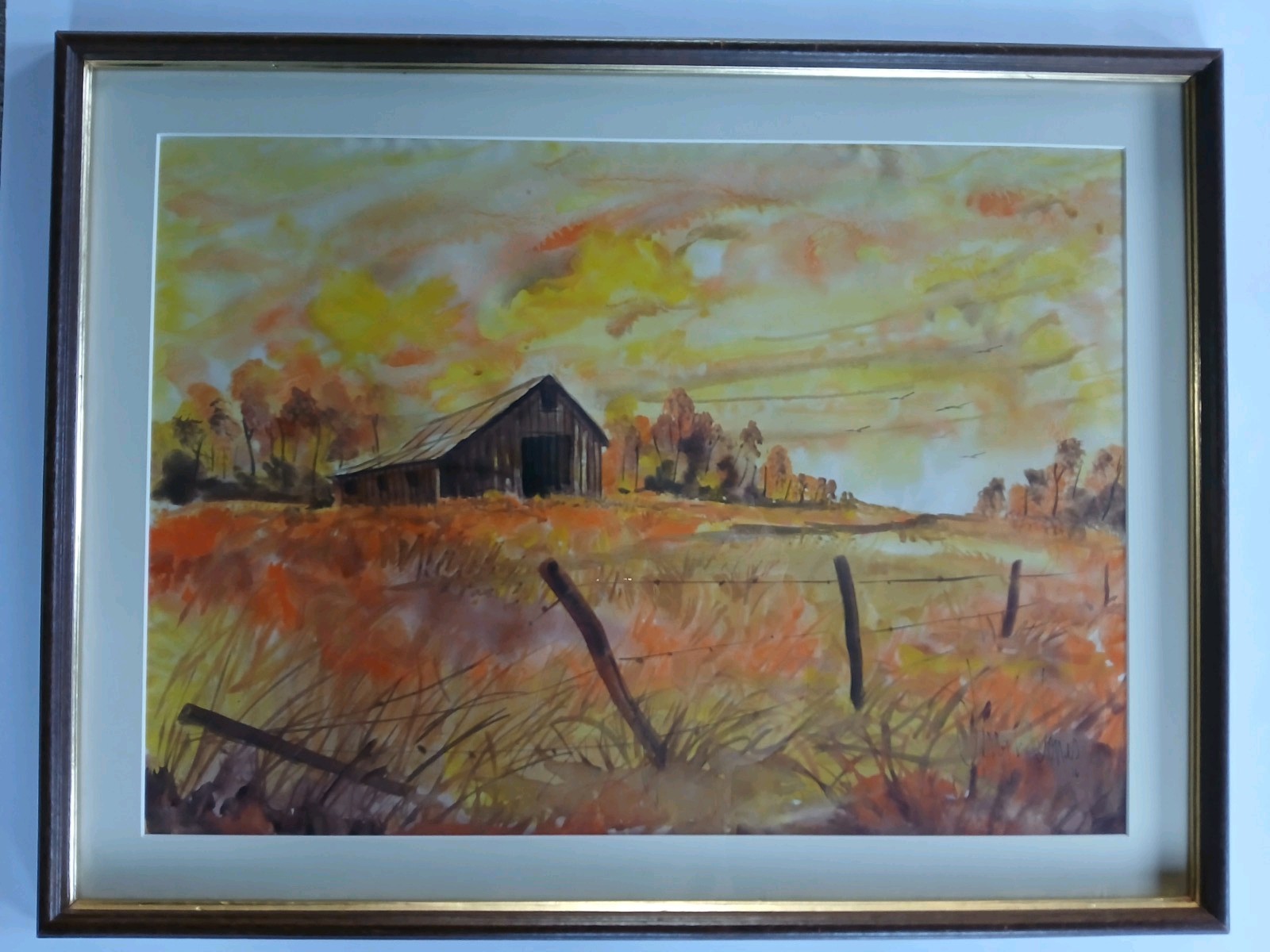 Beautiful Vintage Original Watercolor. Barn, Field. Oranges, Yellows. Signed