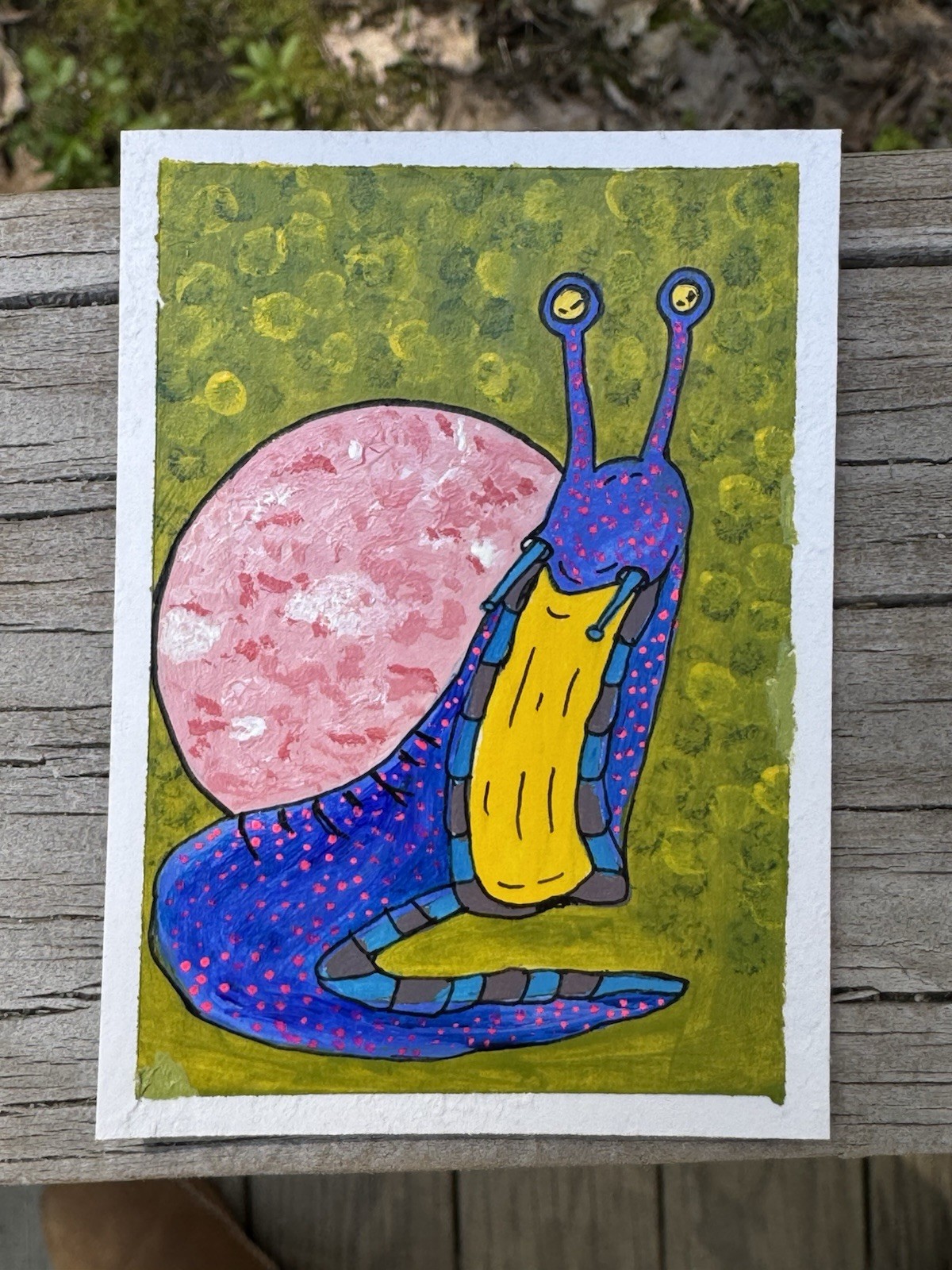ACEO Original Actually Handmade Acrylic Cute Snail Planet Space Trading Art Card