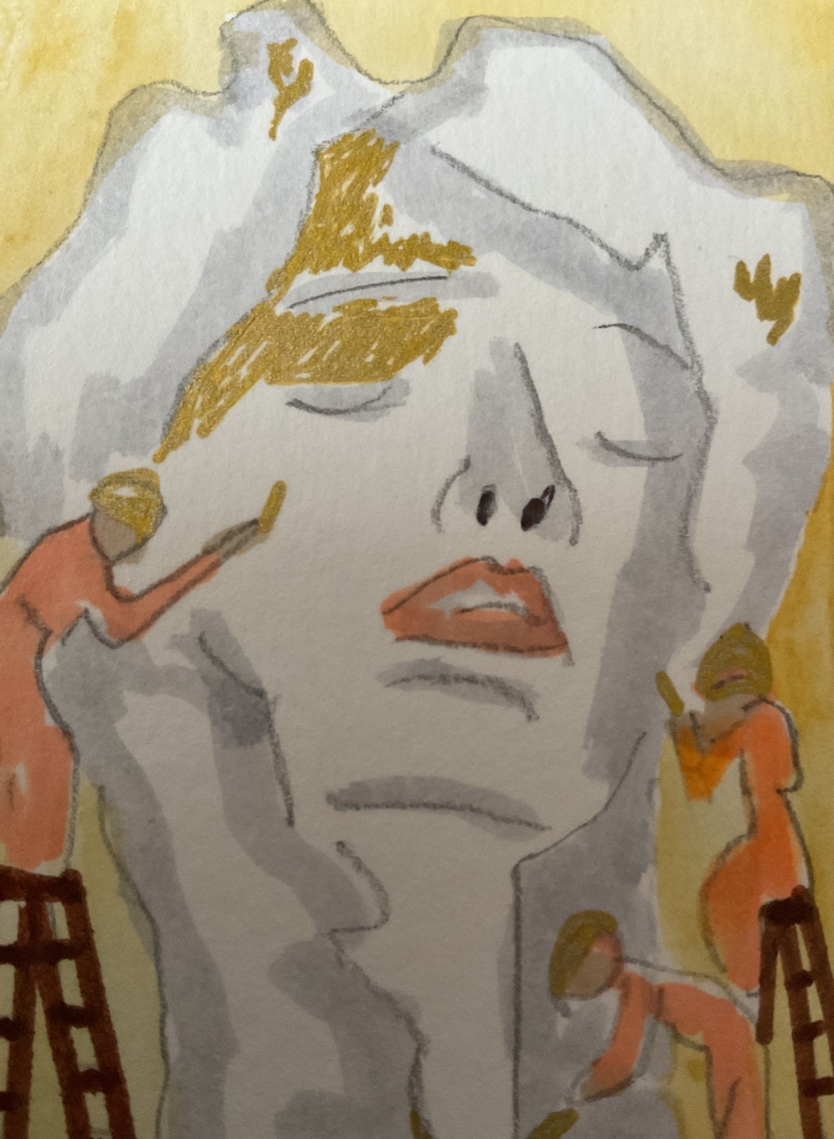 ACEO watercolor art by PJ, art card 2.5 x 3.5: carving stone lady.