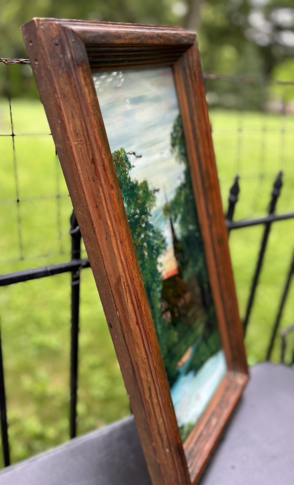 Antique Wood Frame Reverse Painted Church Landscape Germany Signed Chas Bauerle