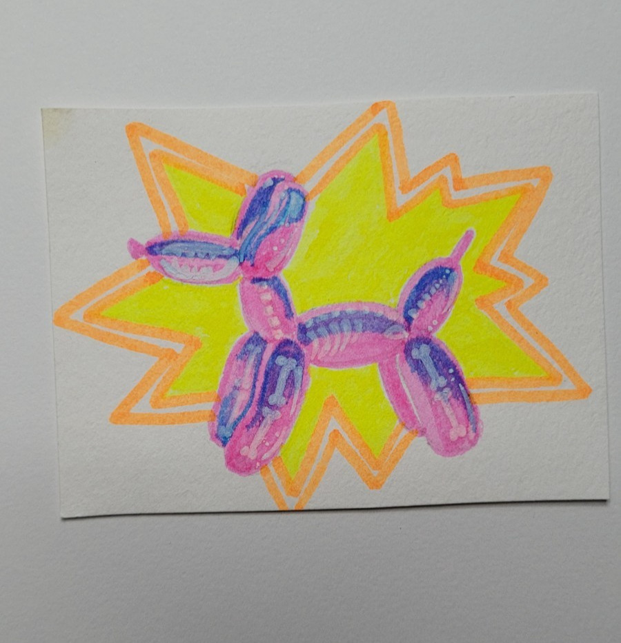 aceo original miniature balloon animal skeleton dog art, ink art cute