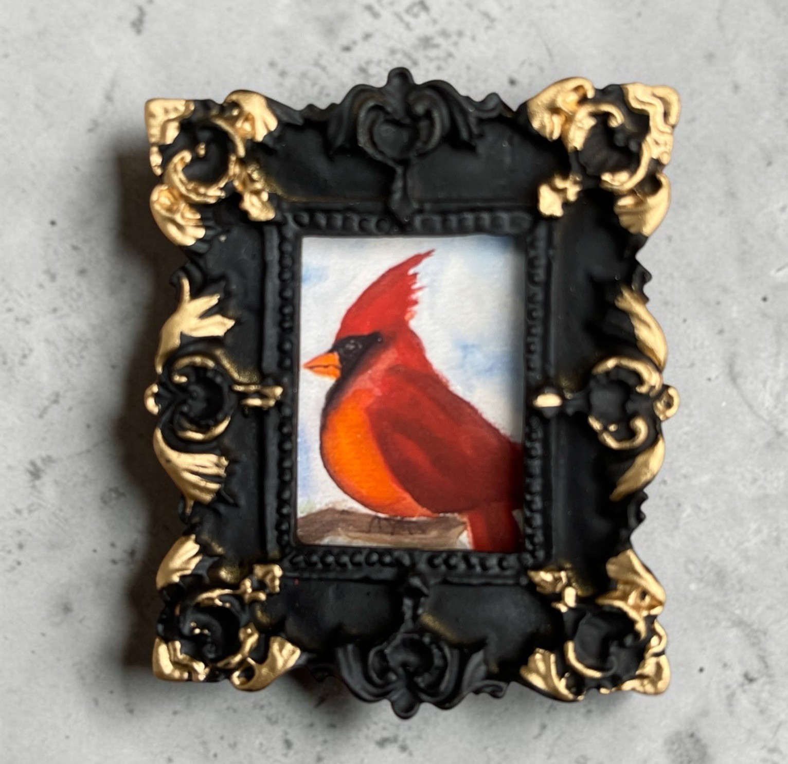 TEENY MINI • Red Cardinal watercolor bird print in TINY ornate frame