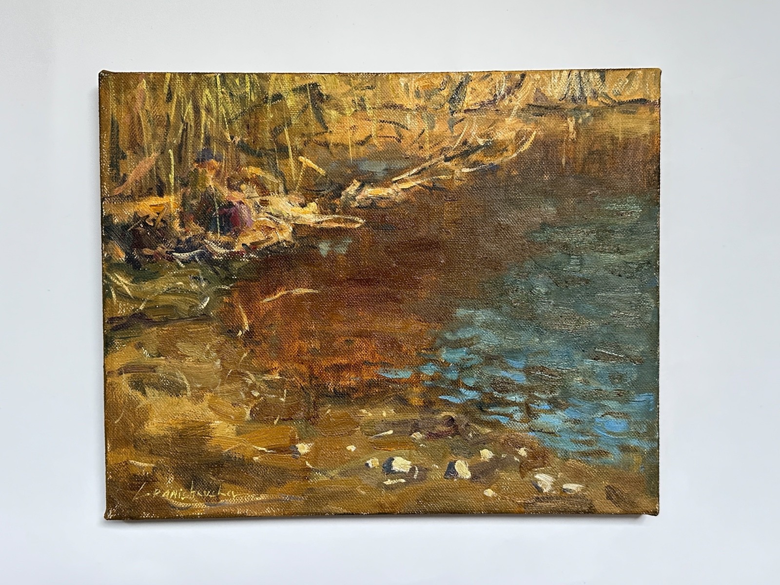 LANDSCAPE ORIGINAL PAINTING Impressionism Art Oil River and fisherman 9*12 inch