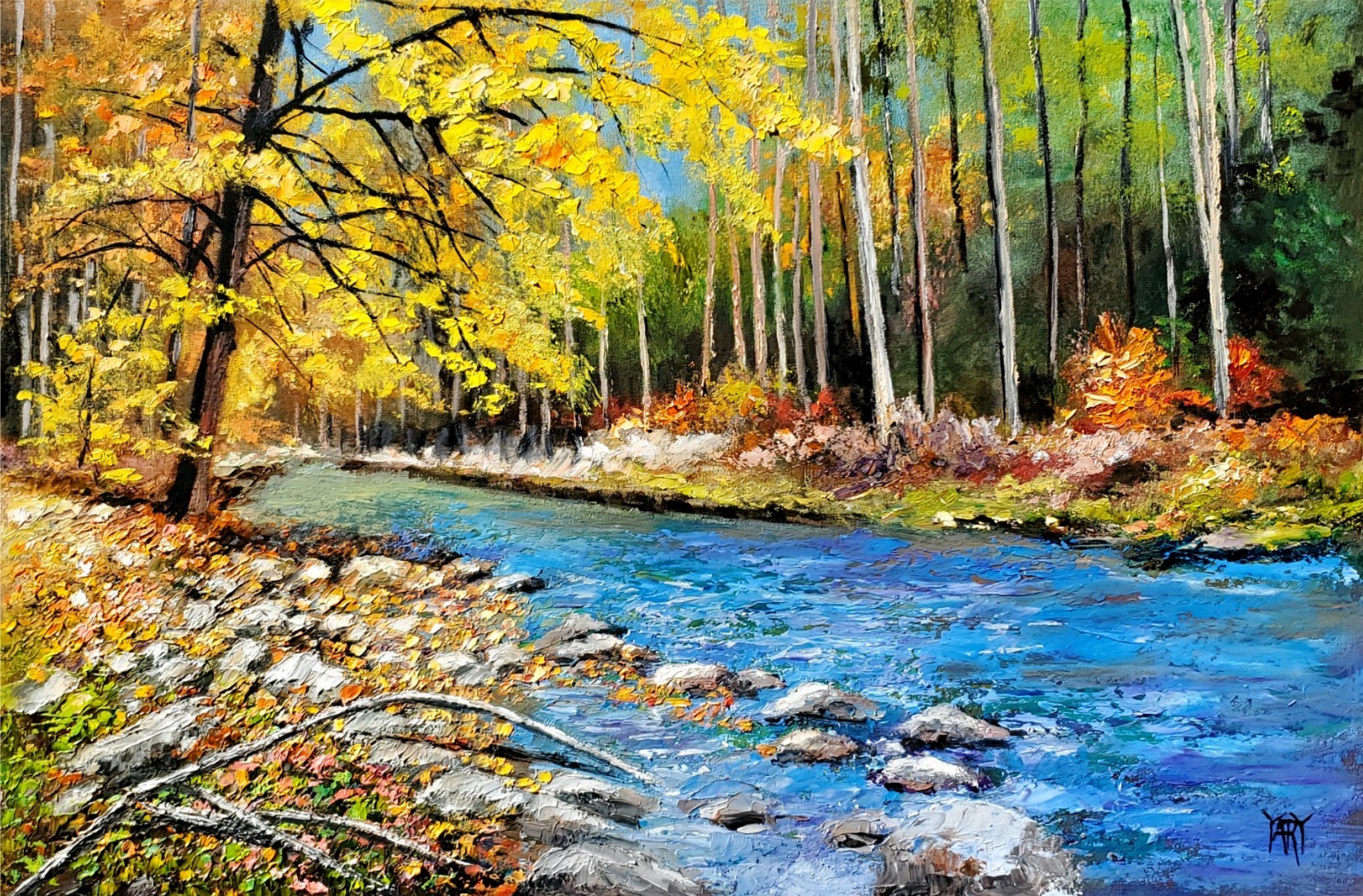 NO IMPORT FEES Yary Dluhos Autumn Landscape River Trees Original Oil Painting