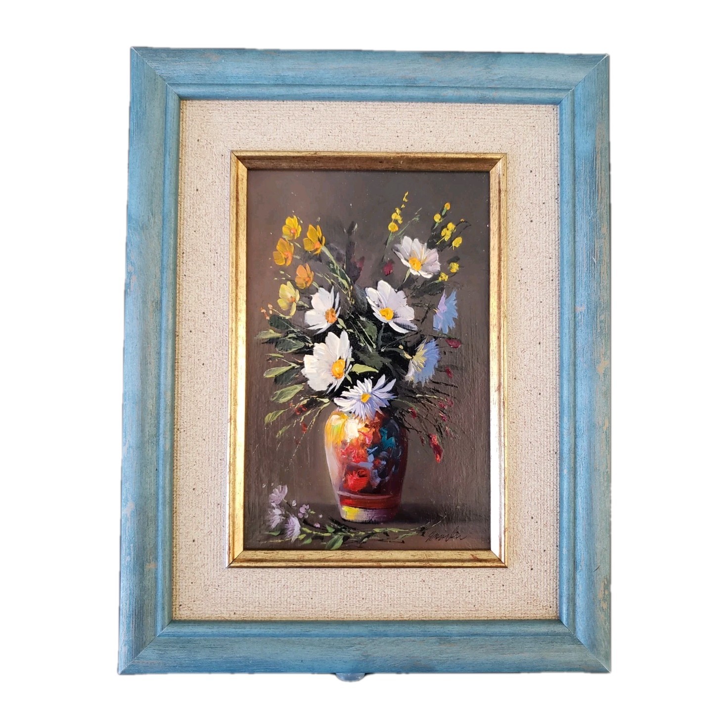 Vintage Gamblin Floral Oil Painting Impasto Daisies 4×6 Mid-Century Blue Frame