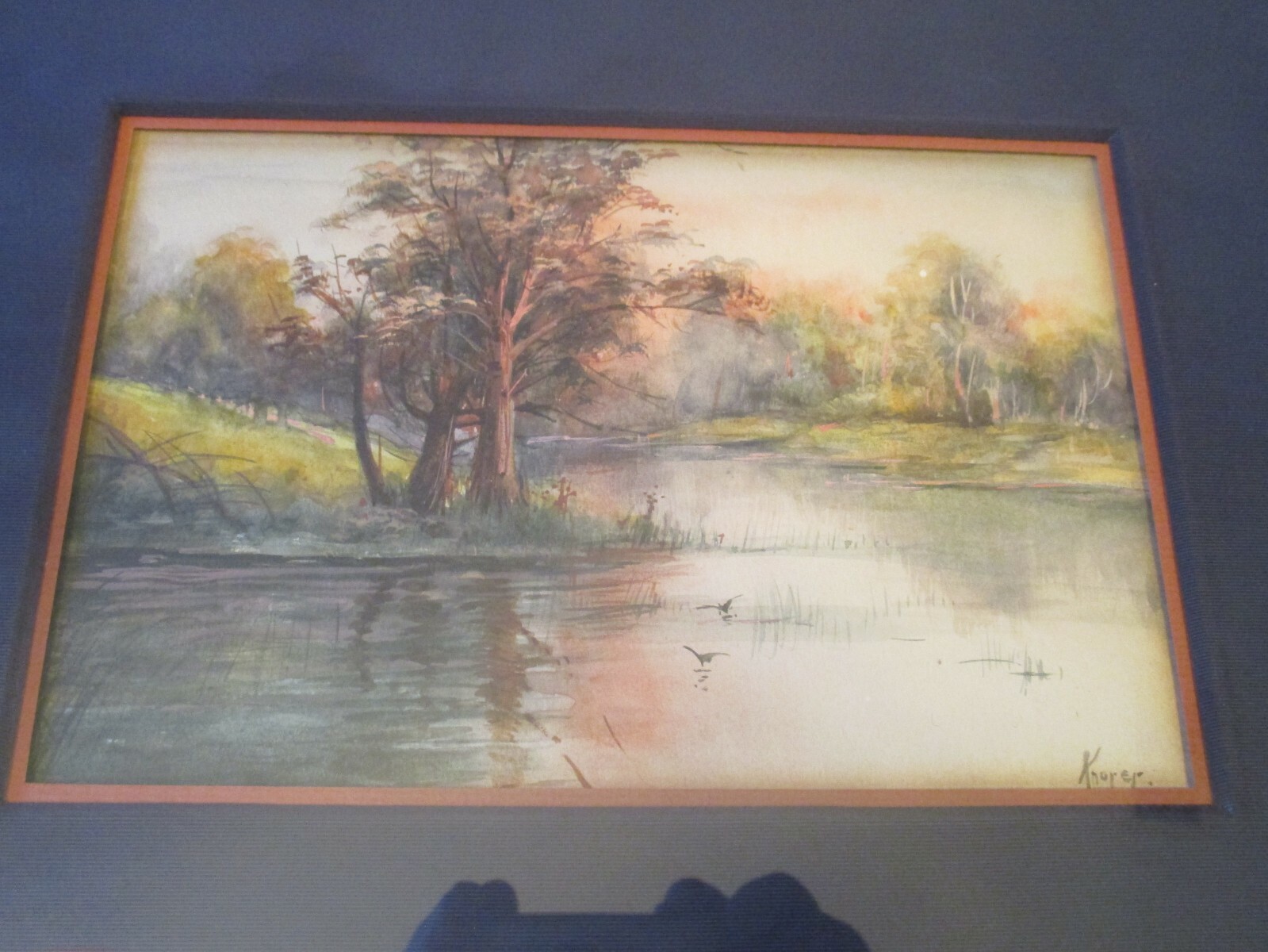 BUCOLIC FALL TREES & RIVER Original Vintage 14×17 SIGNED Watercolor Painting