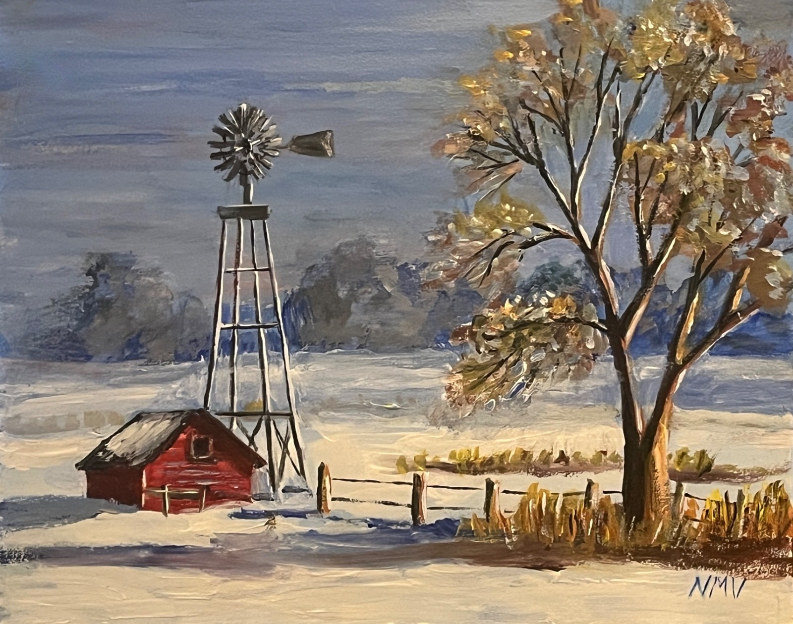 THE BLEAK MIDWINTER Original Landscape Painting WINDMILL SNOW FARM Wall Art