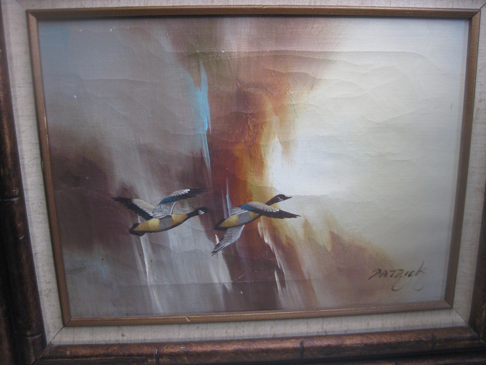 original signed Patrick framed painting geese duck flying nature scene wall art