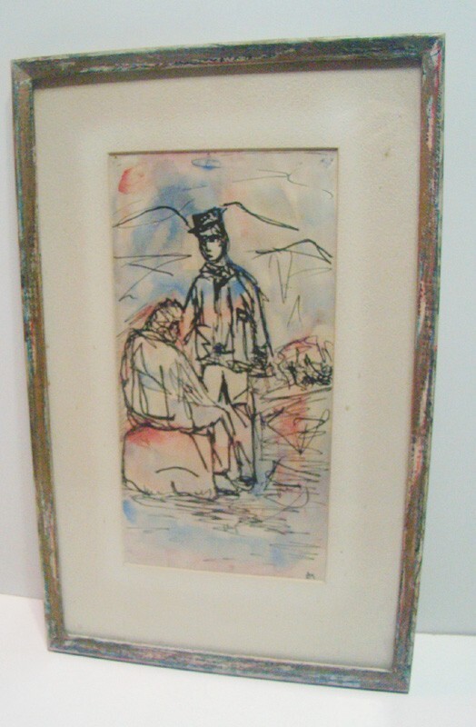 Vintage Civil War Soldiers Winslow Homer Style Line Drawing Watercolor Painting