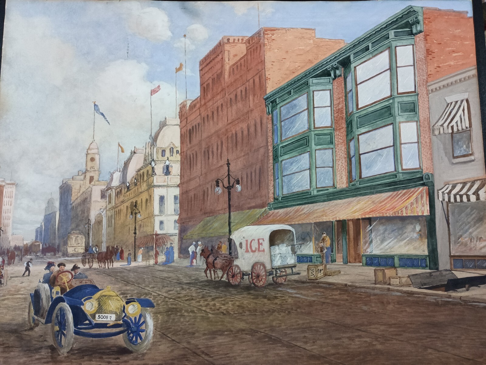 SETH JONES Original Framed Cityscape Signed 1910 New York Horse & Auto Painting