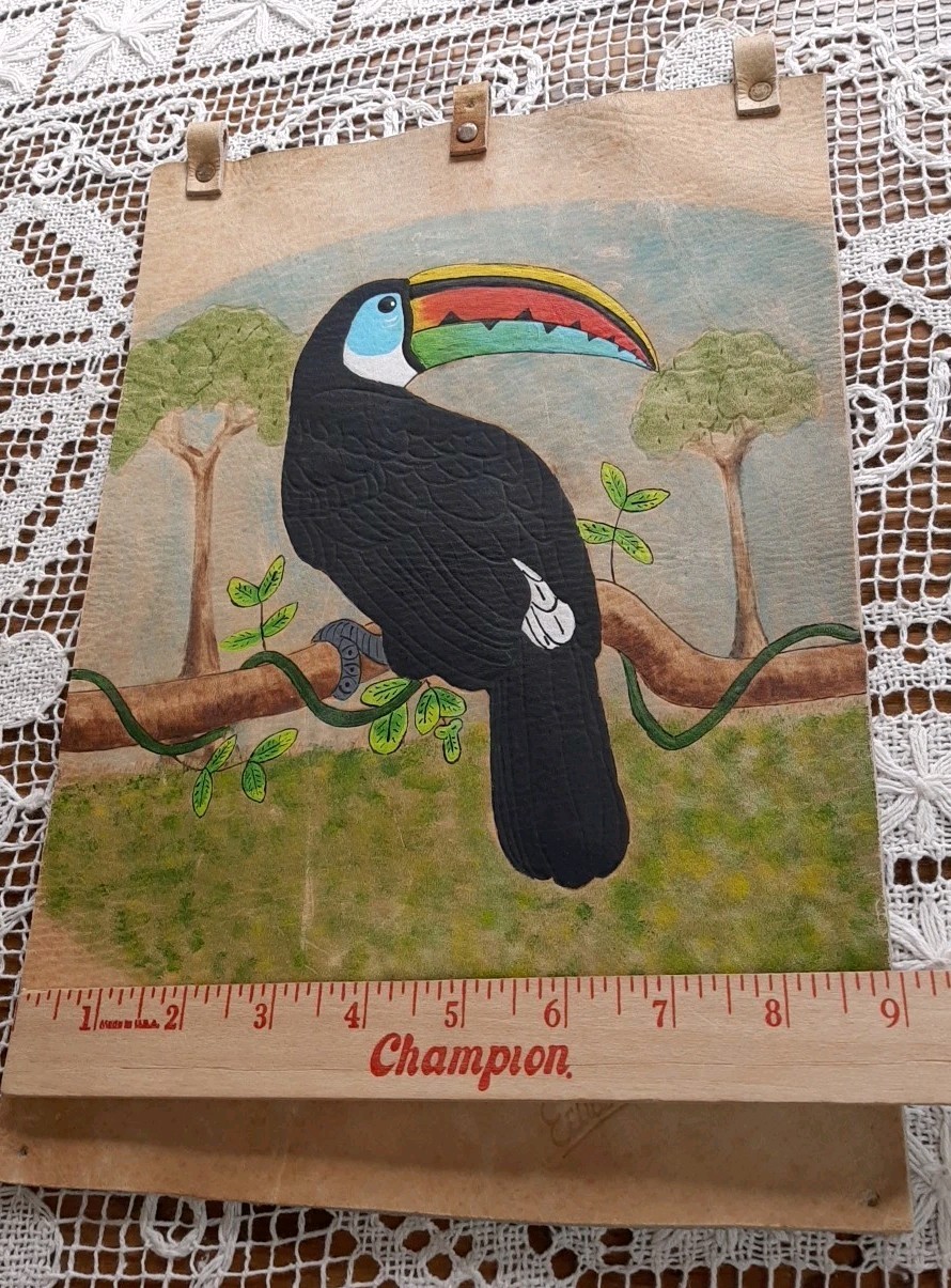 Vintage Toucan Bird Vibrant Painting On Leather Wall Hanging 13″x 9″ Ecuador
