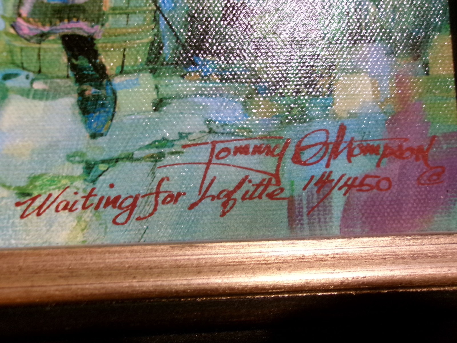 TOMMY G THOMPSON «WAITING FOR LAFITTE» 13/450~FRAMED OIL PAINTING W/ CERTIFICATE