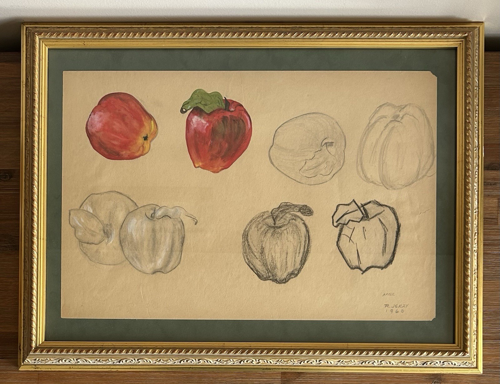Richard Jerzy Signed Mixed Media Apple Study Watercolor Charcoal 1960 MCM Framed