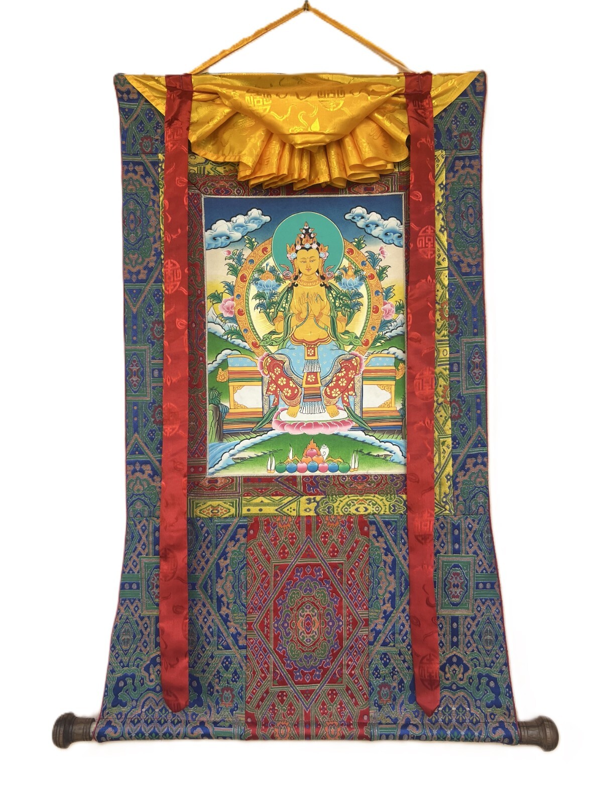MAITREYA/FUTURE BUDDHA ORIGINAL TIBETAN THANGKA PAINTING WITH SILK BROCADE