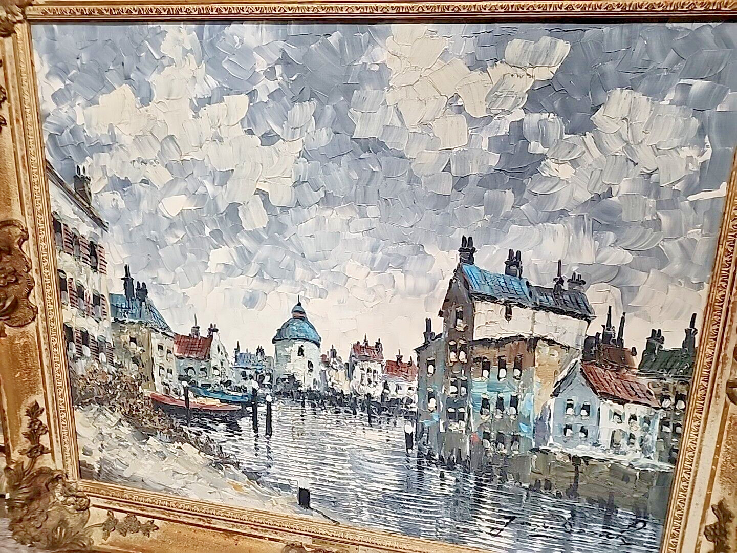 Jan Van Donck Dutch Impressionist Harbor View Large Old Oil Painting