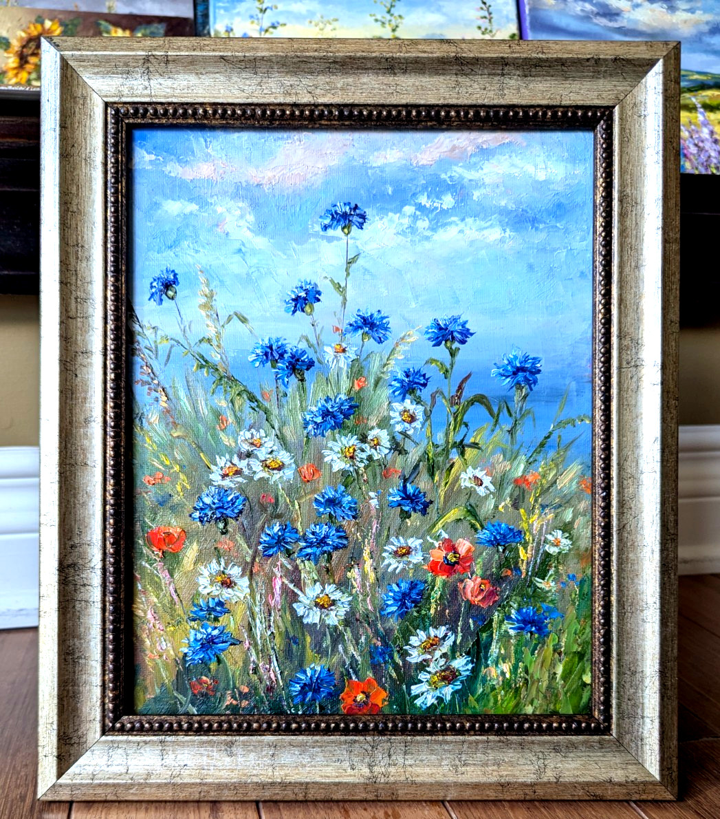 Cornflowers, Daisies, Poppies ORIGINAL OIL Painting WILDFLOWERS impasto 10″x 8″