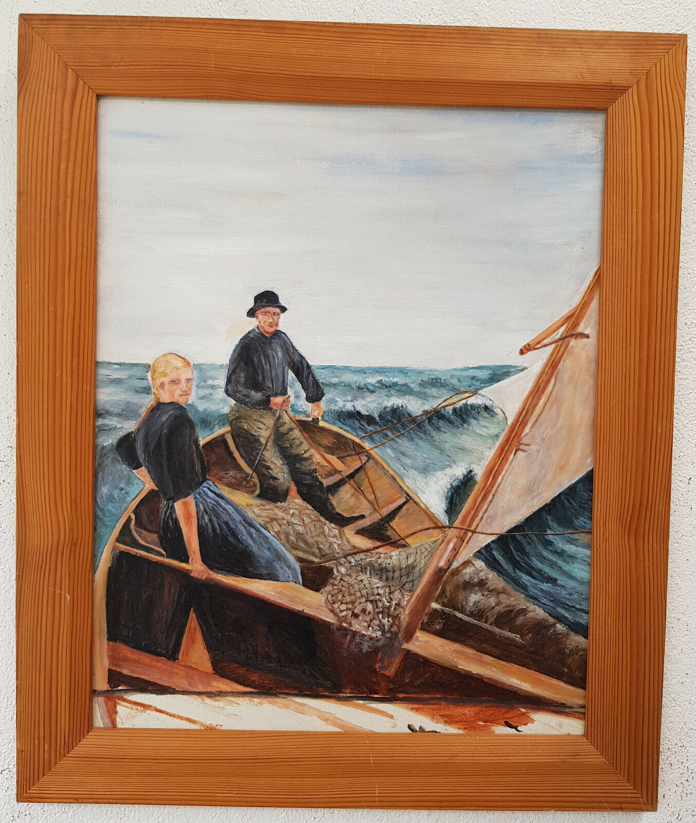 No: 1122 Oil Painting Artwork Maritime Landscape Signed Sea People Boat
