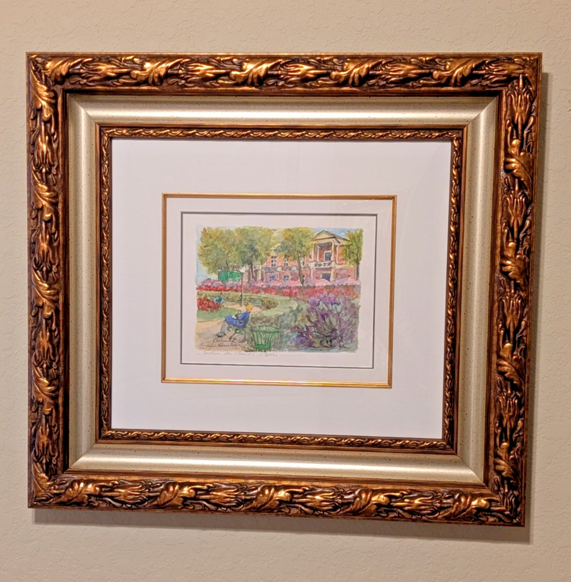 Daniele Cambier’s «Jardins des Champs Elysees» Original framed,signed watercolor