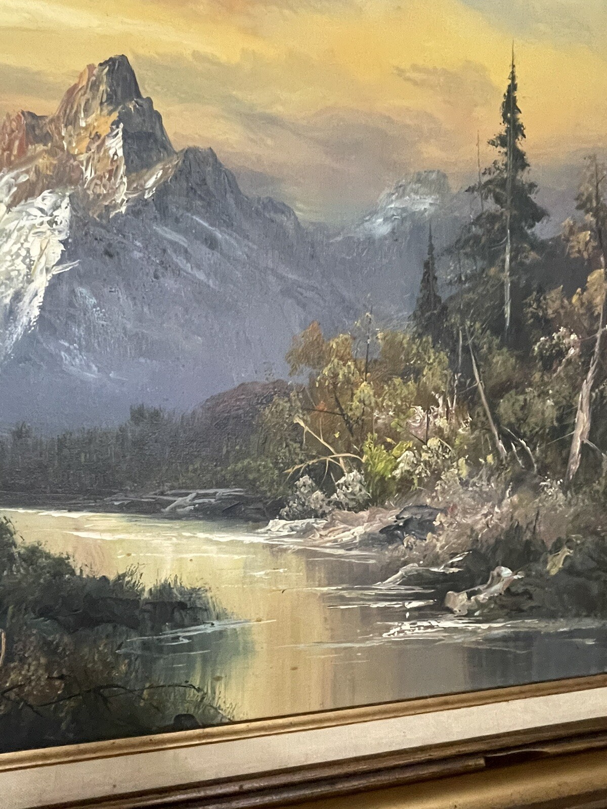 L HARDING PAINTING ON CANVAS / LANDSCAPE MOUNTAINS WATERFALL SIGNED FRAMED