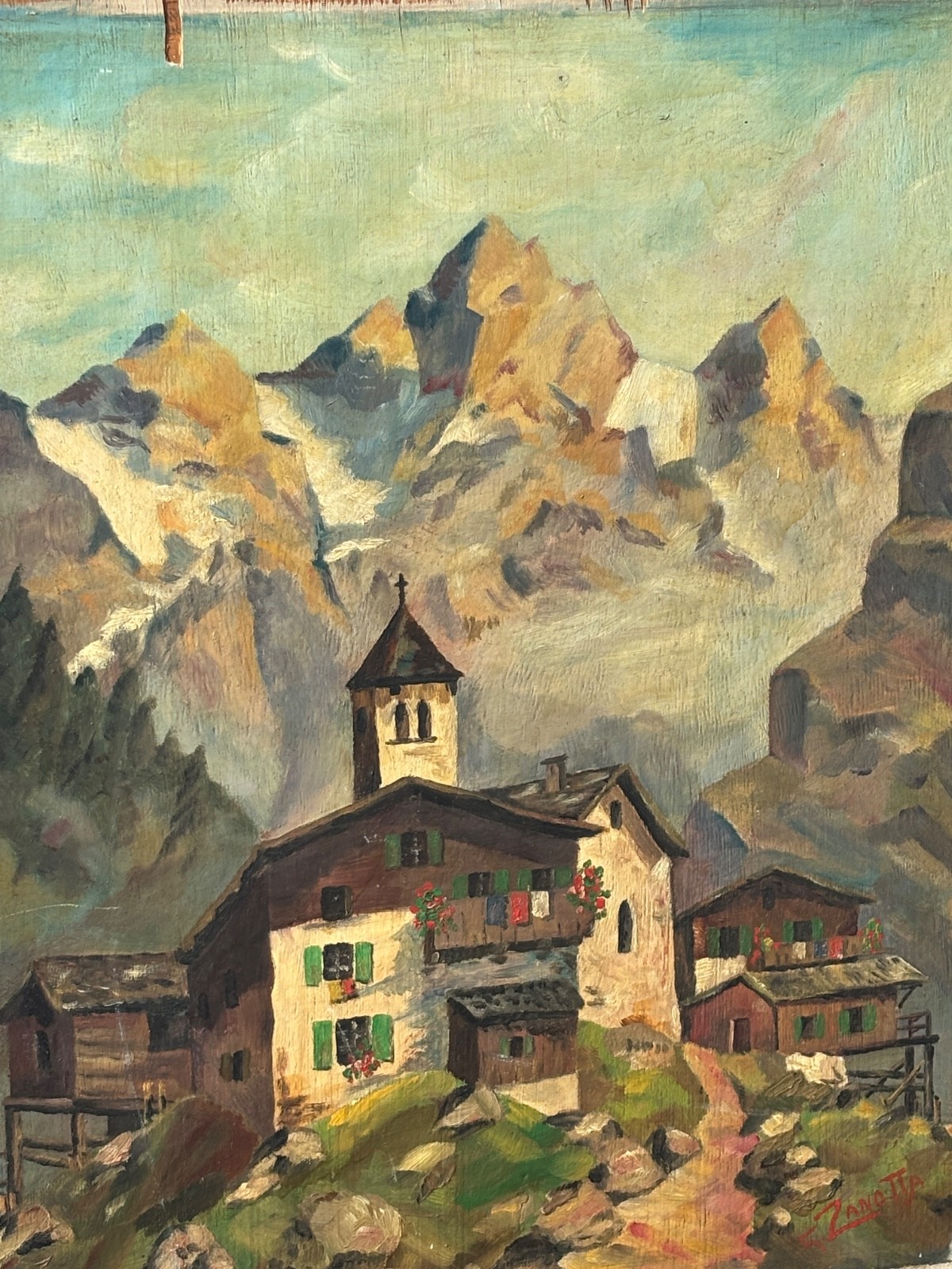 G. Zanotta Swiss Alps Village Mountain Range Landscape Impressionist Painting