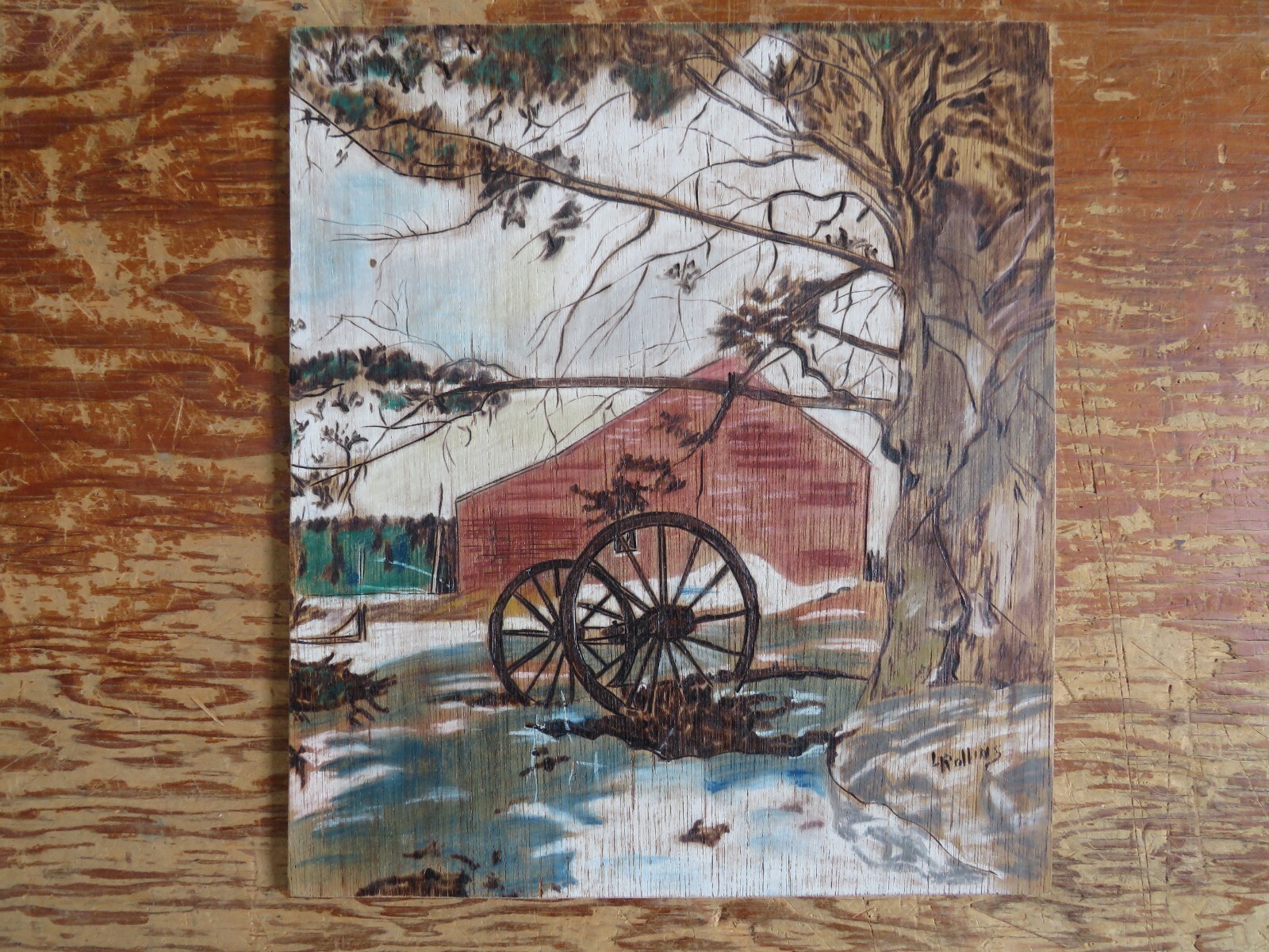 vtg Orignal Wood Burning painting Barn W/ Farm Landscape Rollins 11.25″x10″