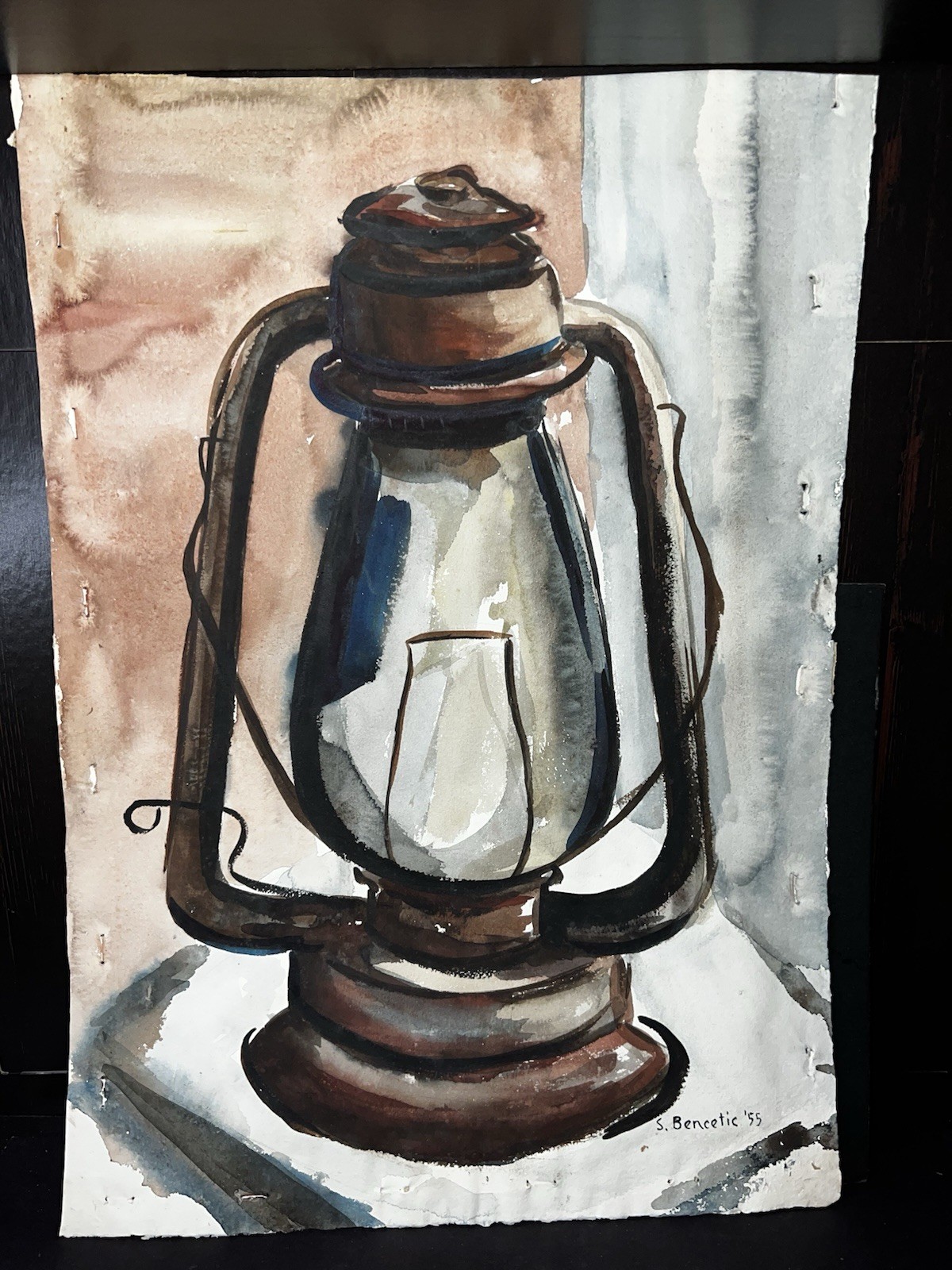 Vintage Watercolor Painting Old Barn Lantern Signed S. Bencetic 1955 Still Life