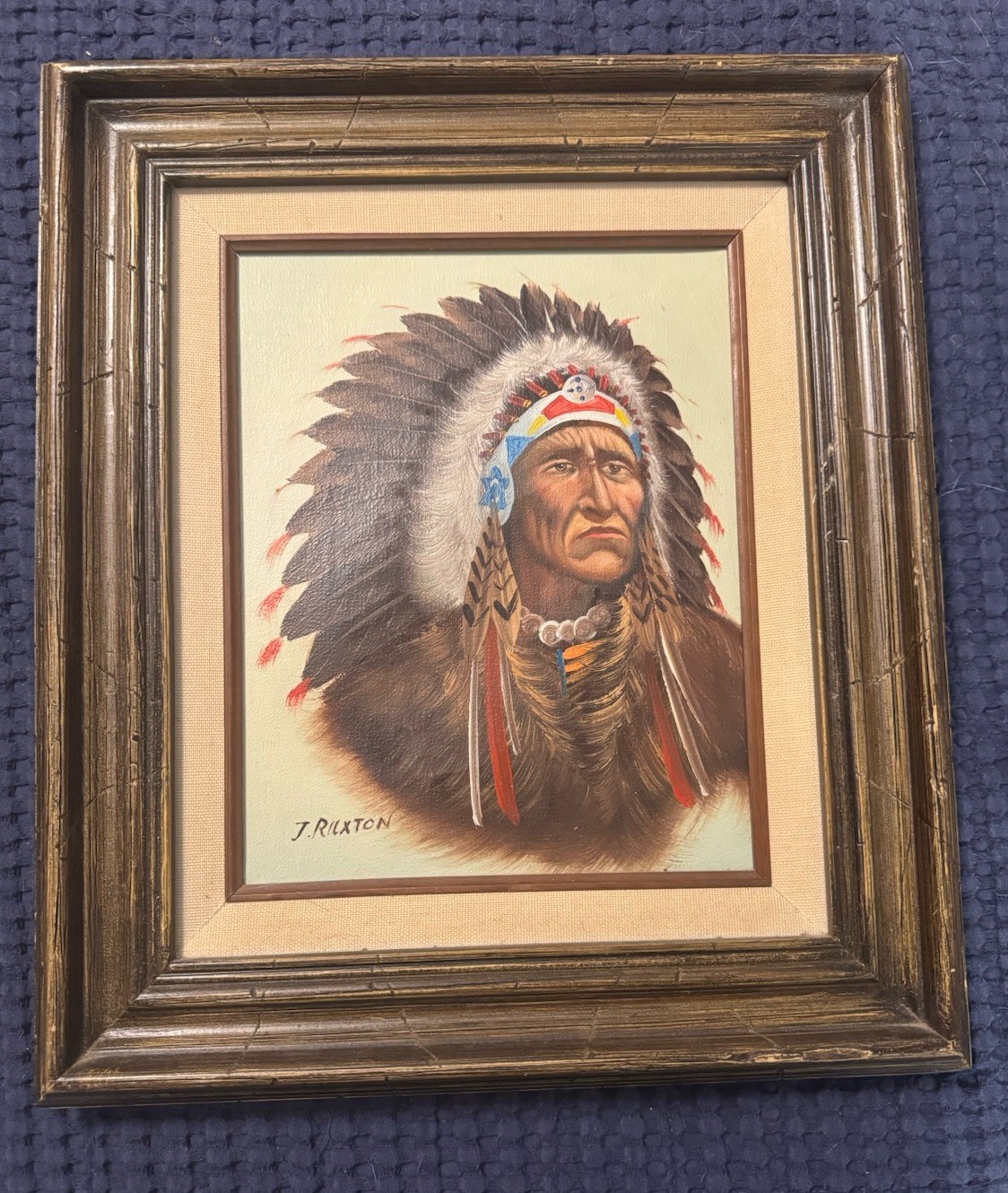 Native American Chief Oil Painting On Canvas Signed By Artist J. Ruxton – Framed
