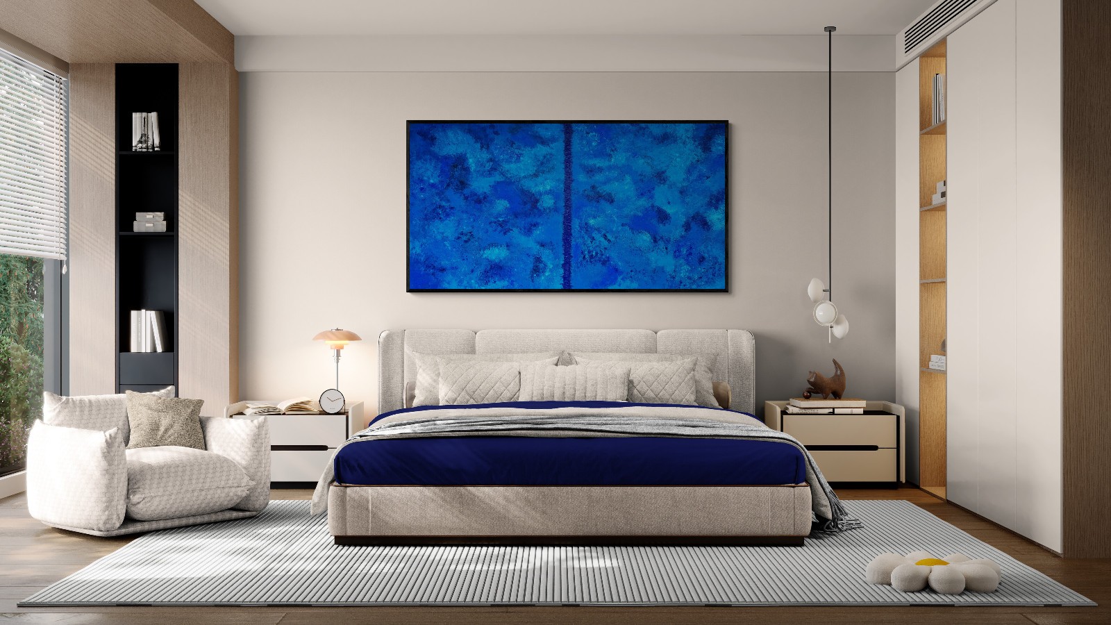 One-of-a-Kind Blue ColorField Luxury Textured Abstract Canvas Art 55×30 in