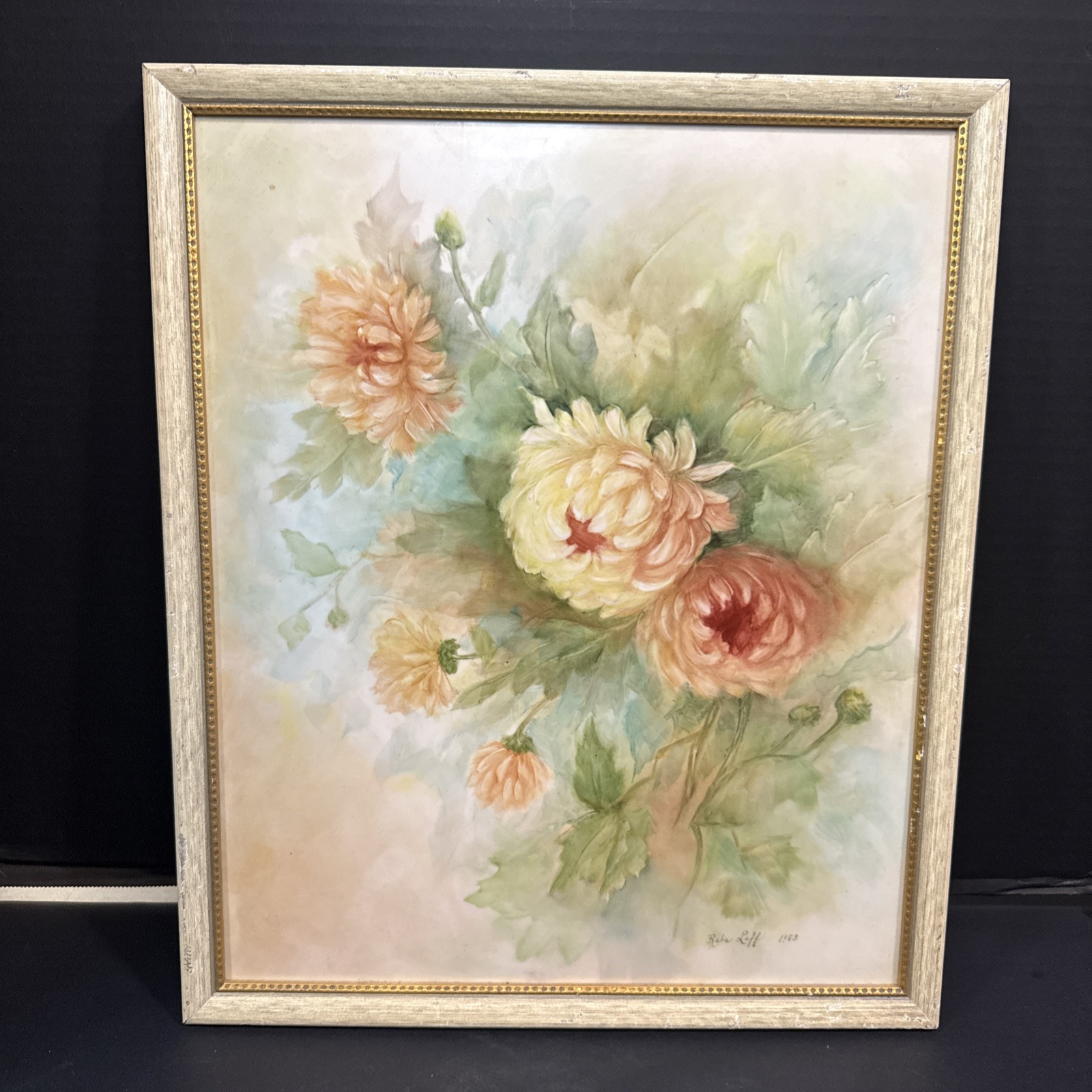 Vintage Floral Painting on Porcelain Tile Chrysanthemums Signed Framed