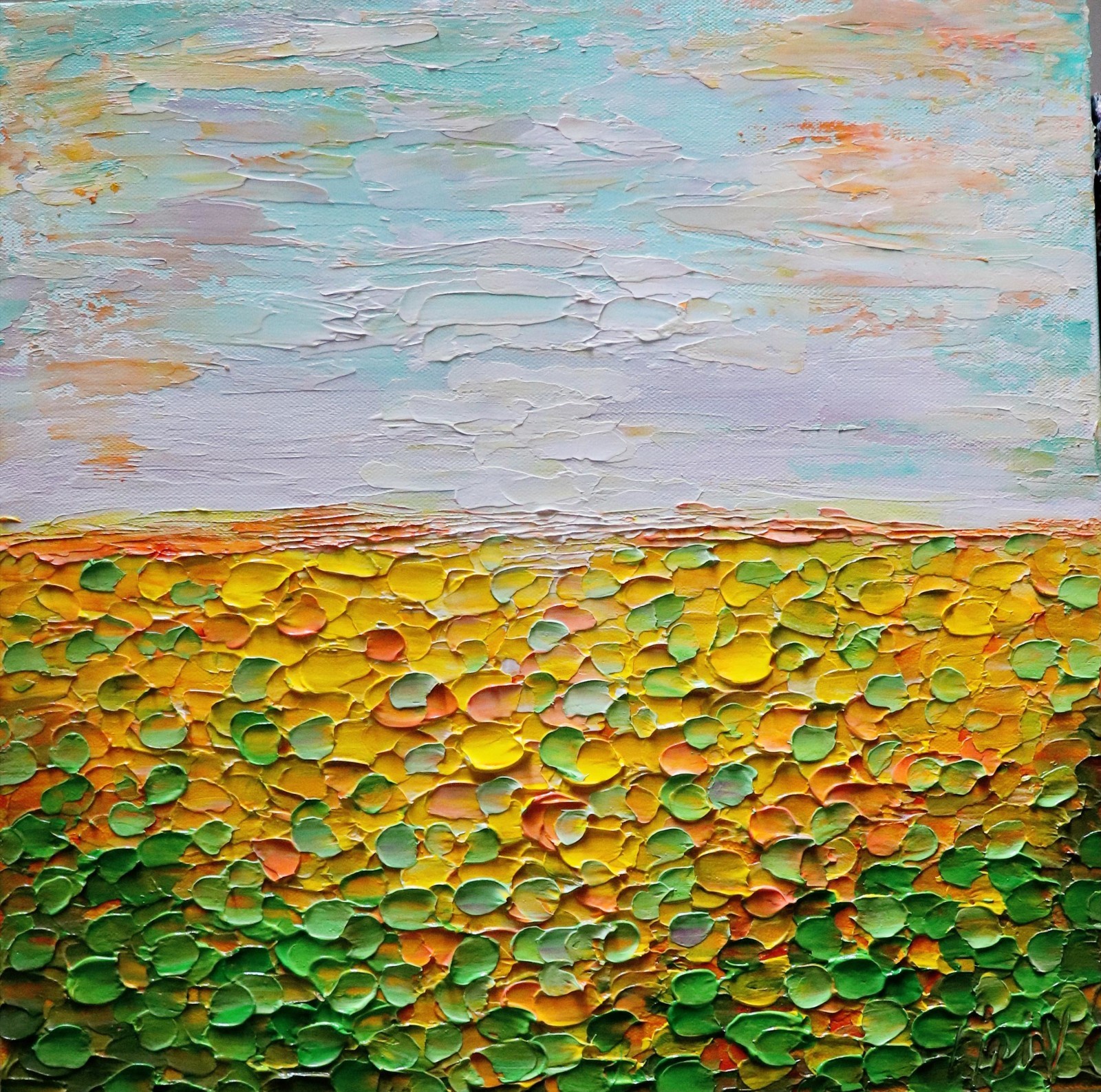Abstract Sunflower Landscape Sunset Orange Green Yellow Original 16×16 Painting