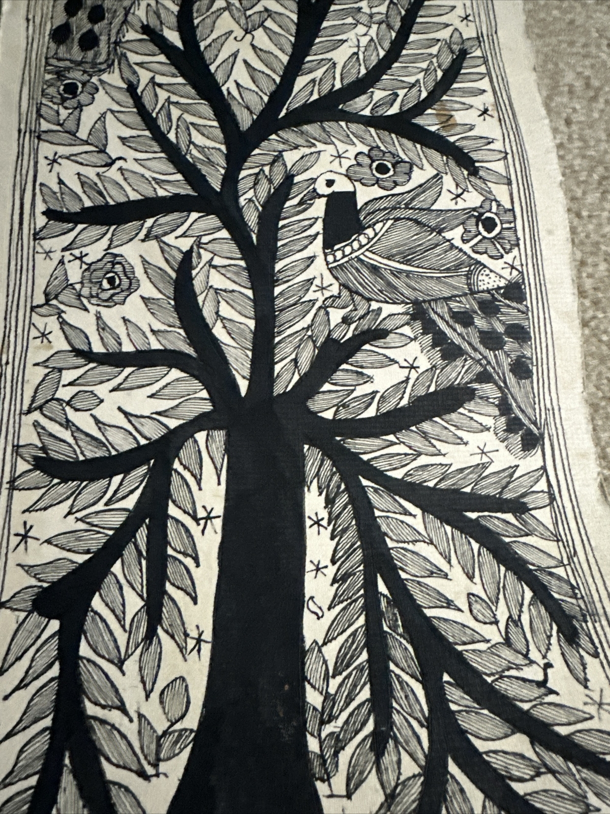 Hand Painted Tree And Bird Thin Canvas Painting Indian Art 22″ Signed Leela Devi