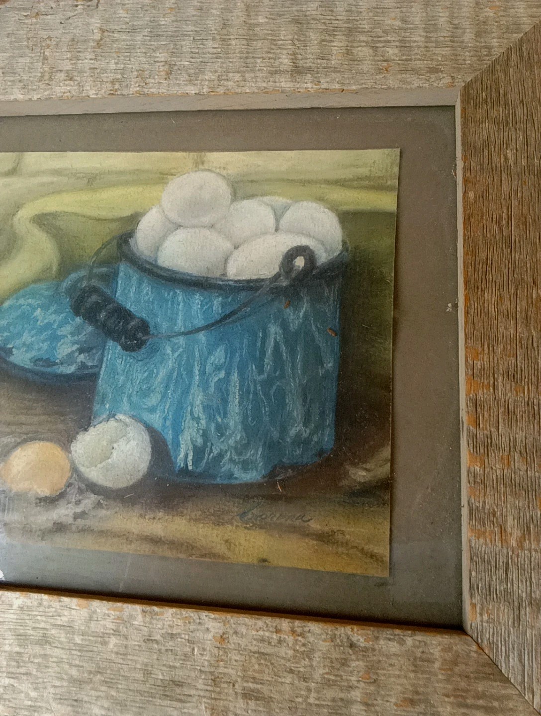 Antique Eggs in Blue Pot Primitive Still Life Folk Art Oil 11X14″ OOAK signed