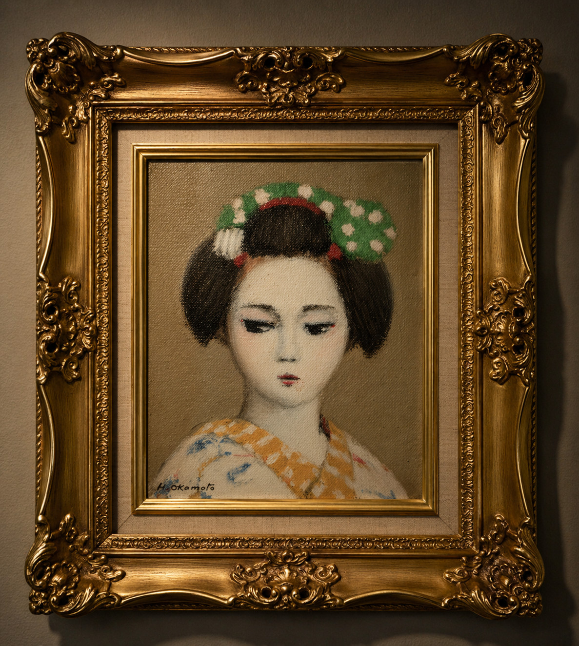 French Govt-Acquired Artist 岡本半三 Maiko Oil Painting Signed Vintage Kyoto Geisha