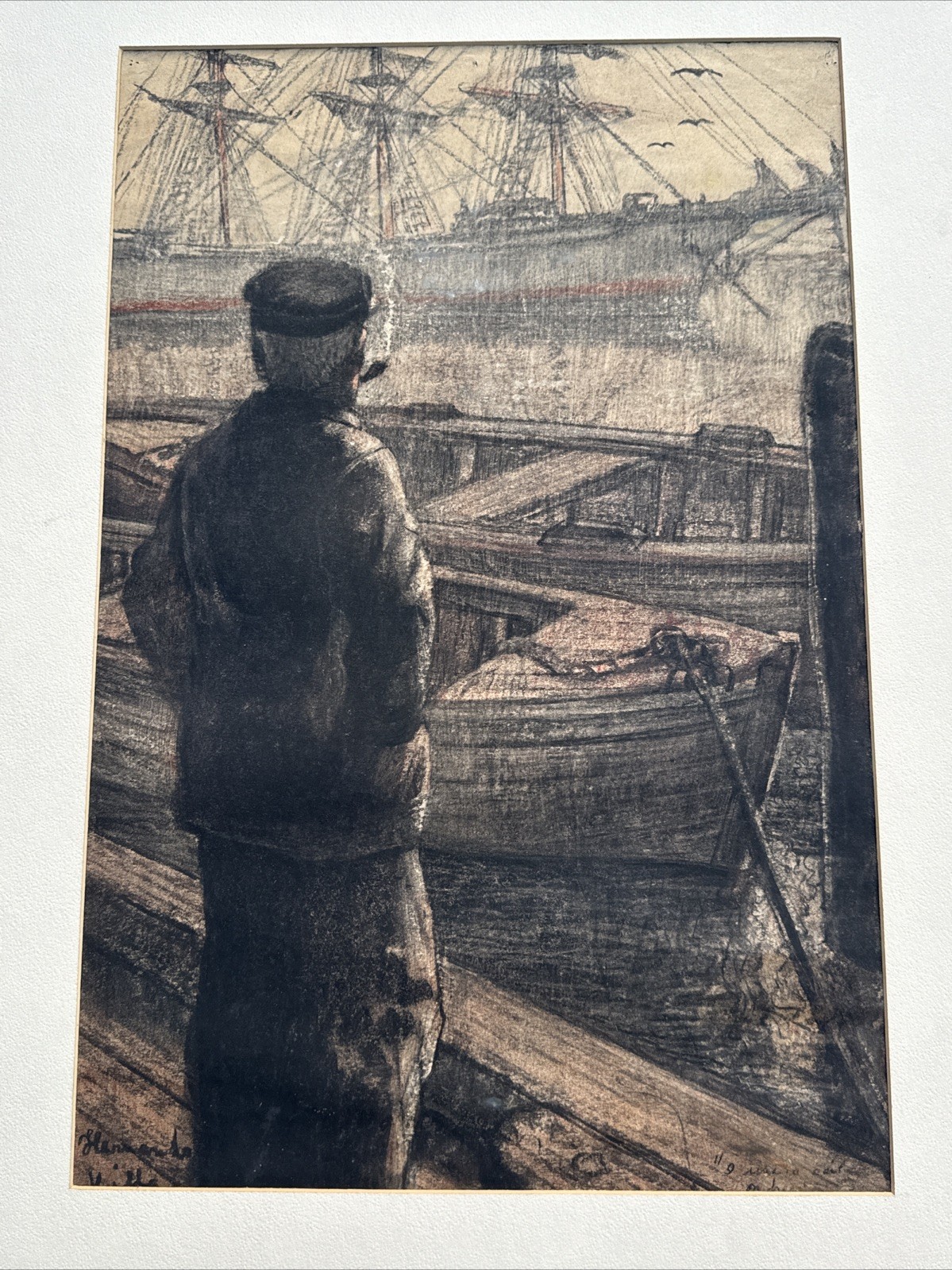 HERNANDO VILLA DRAWING ANTIQUE NAUTICAL MARITIME COAST BOAT SHIP BEACH SEA OLD