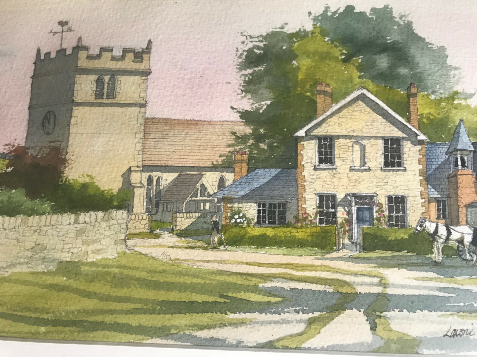 Lawrence E Donnison (b1938) «Village Landscape» Watercolor Painting – Framed